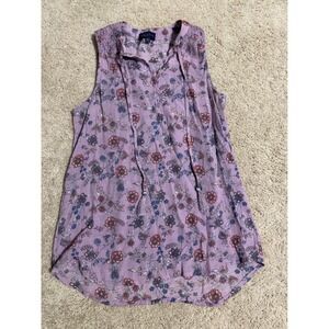 Artesia Womens Floral Sleeveless Blouse Purple Boho Tassel Tie Split Neck Small
